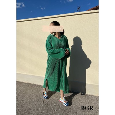 Robe Longue Plissée à Col Chemise Verte  - 1