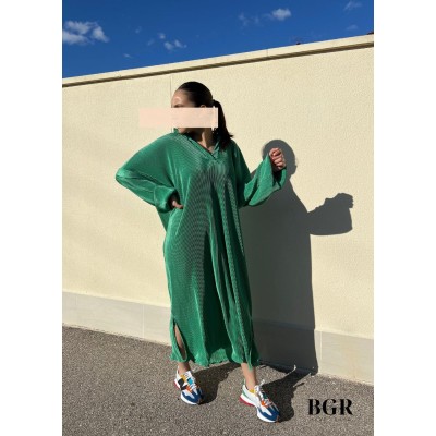 Robe Longue Plissée à Col Chemise Verte  - 3