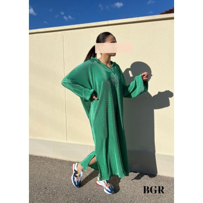 Robe Longue Plissée à Col Chemise Verte  - 4