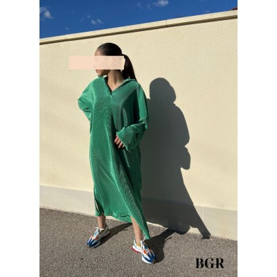 Robe Longue Plissée à Col Chemise Verte  - 5