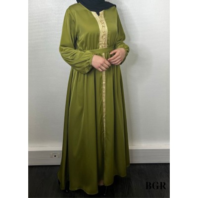 Robe Brodée Longue Avec Ceinture Vert Olive