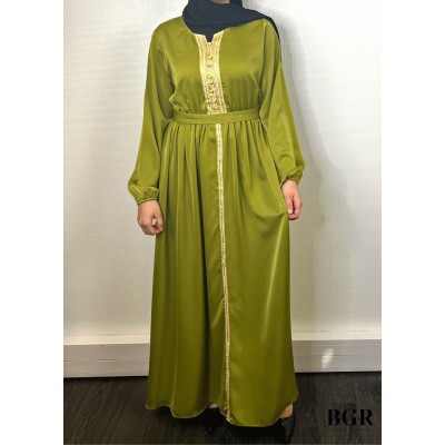 Robe Brodée Longue Avec Ceinture Vert Olive