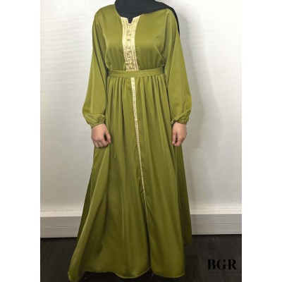 Robe Brodée Longue Avec Ceinture Vert Olive