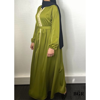 Robe Brodée Longue Avec Ceinture Vert Olive