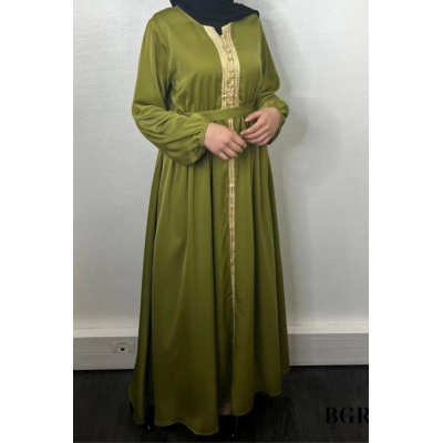 Robe Brodée Longue Avec Ceinture Vert Olive