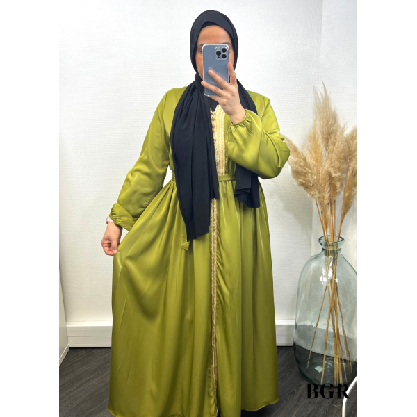 Robe Brodée Longue Avec Ceinture Vert Olive