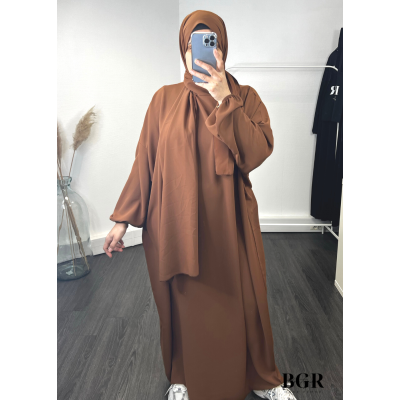 Robe De Prière Marron Avec Hijab Foulard Voile Intégré