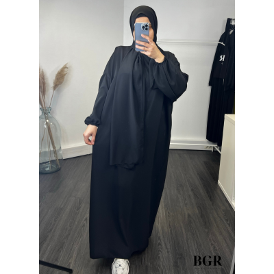 Robe De Prière Noire Avec Hijab Foulard Voile Intégré