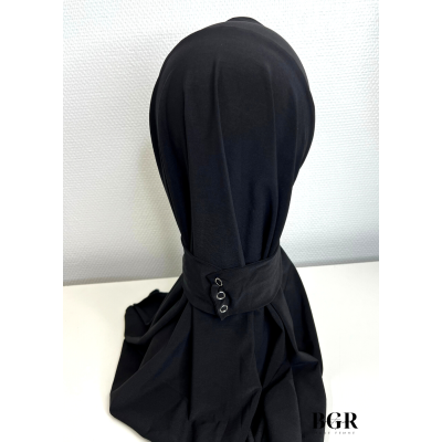 Hijab Cagoule Noir à Boutons Pression : pratique et élégant pour une couverture complète de la tête et du cou"