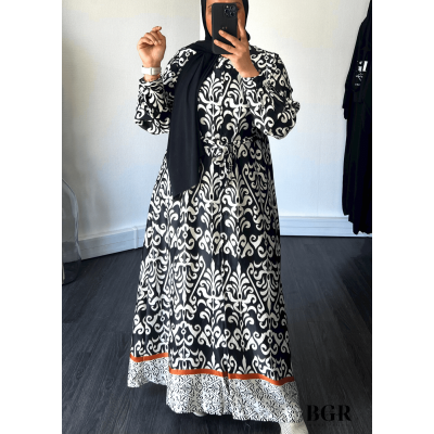 Robe Longue Femme Avec Bouton Et Ceinture Inaya - Modèle avec Motifs, Manches Longues - Disponible en Noir, Bleu et Vert | BGR B