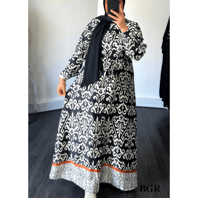 Robe Longue Femme Avec Bouton Et Ceinture Inaya - Modèle avec Motifs, Manches Longues - Disponible en Noir, Bleu et Vert | BGR B