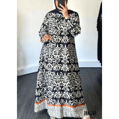 Robe Longue Femme Avec Bouton Et Ceinture Inaya - Modèle avec Motifs, Manches Longues - Disponible en Noir, Bleu et Vert | BGR B