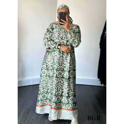 Robe Longue Femme Avec Bouton Et Ceinture Inaya - Modèle avec Motifs, Manches Longues - Disponible en Noir, Bleu et Vert | BGR B