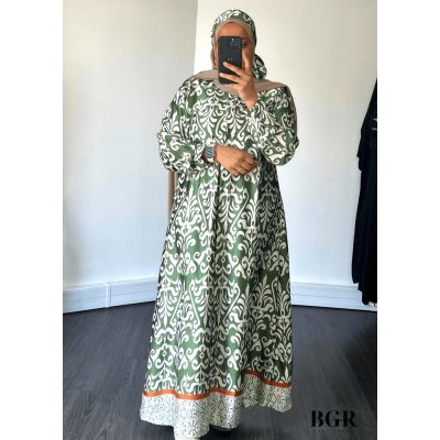 Robe Longue Femme Avec Bouton Et Ceinture Inaya - Modèle avec Motifs, Manches Longues - Disponible en Noir, Bleu et Vert | BGR B