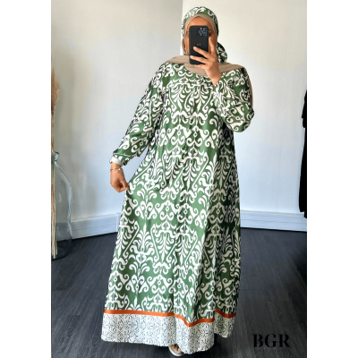 Robe Longue Femme Avec Bouton Et Ceinture Inaya - Modèle avec Motifs, Manches Longues - Disponible en Noir, Bleu et Vert | BGR B