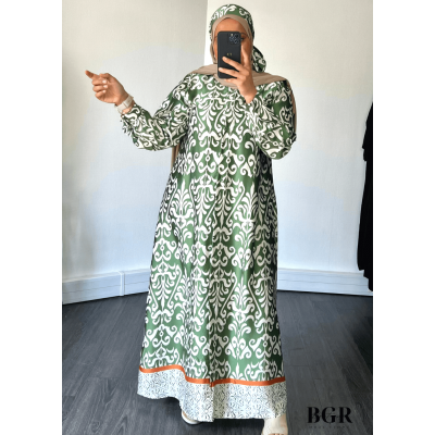 Robe Longue Femme Avec Bouton Et Ceinture Inaya - Modèle avec Motifs, Manches Longues - Disponible en Noir, Bleu et Vert | BGR B