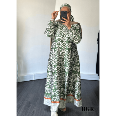 Robe Longue Femme Avec Bouton Et Ceinture Inaya - Modèle avec Motifs, Manches Longues - Disponible en Noir, Bleu et Vert | BGR B