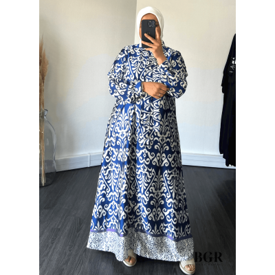 Robe Longue Femme Avec Bouton Et Ceinture Inaya - Modèle avec Motifs, Manches Longues - Disponible en Noir, Bleu et Vert | BGR B