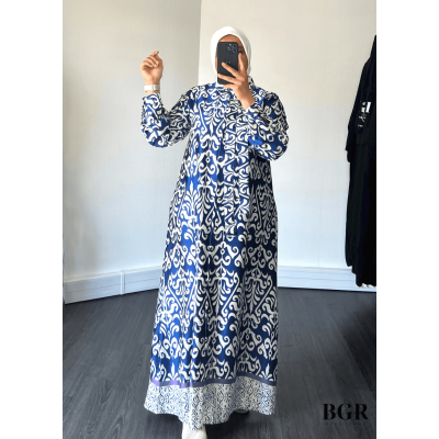 Robe Longue Femme Avec Bouton Et Ceinture Inaya - Modèle avec Motifs, Manches Longues - Disponible en Noir, Bleu et Vert | BGR B