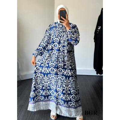 Robe Longue Femme Avec Bouton Et Ceinture Inaya - Modèle avec Motifs, Manches Longues - Disponible en Noir, Bleu et Vert | BGR B