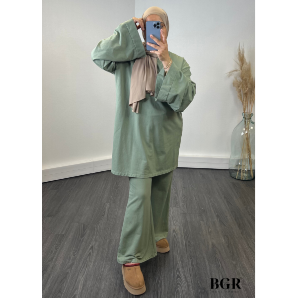 ENSEMBLE FEMME PANTALON ET T-SHIRT LONG VERT Annisa