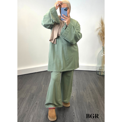 ENSEMBLE FEMME PANTALON ET T-SHIRT LONG VERT Annisa