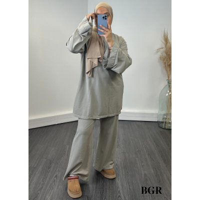 ENSEMBLE FEMME PANTALON ET T-SHIRT LONG GRIS TAUPE Annisa