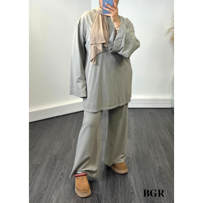 ENSEMBLE FEMME PANTALON ET T-SHIRT LONG GRIS TAUPE Annisa