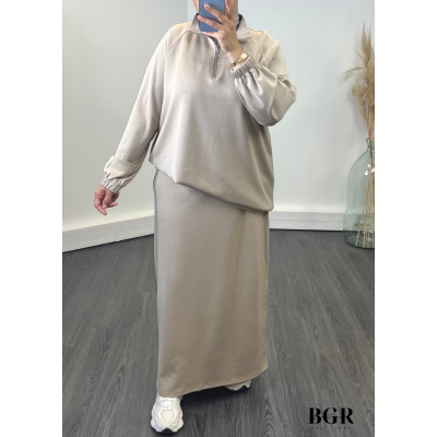 Ensemble Jupe Longue Pull Long à Col Zip Taupe