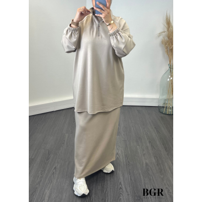 Ensemble Jupe Longue Pull Long à Col Zip Taupe