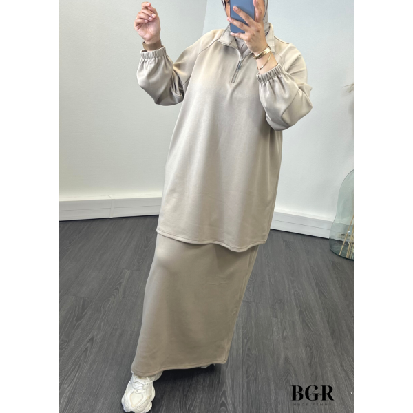 Ensemble Jupe Longue Pull Long à Col Zip Taupe