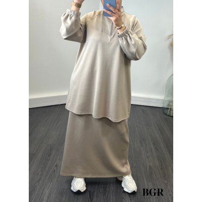 Ensemble Jupe Longue Pull Long à Col Zip Taupe