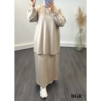 Ensemble Jupe Longue Pull Long à Col Zip Taupe